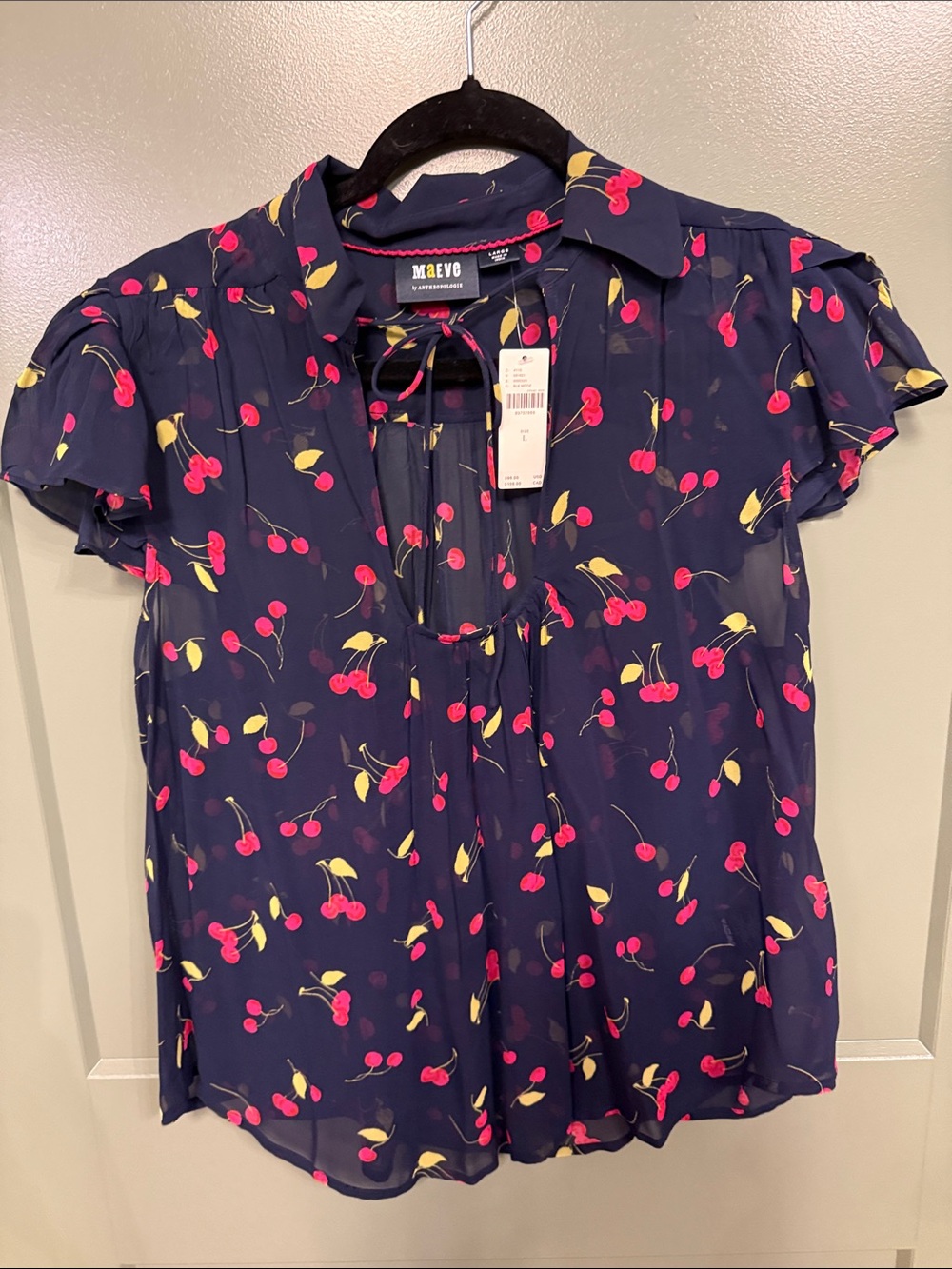 Anthropologie Navy Cherry-Print Tie-Neck Blouse